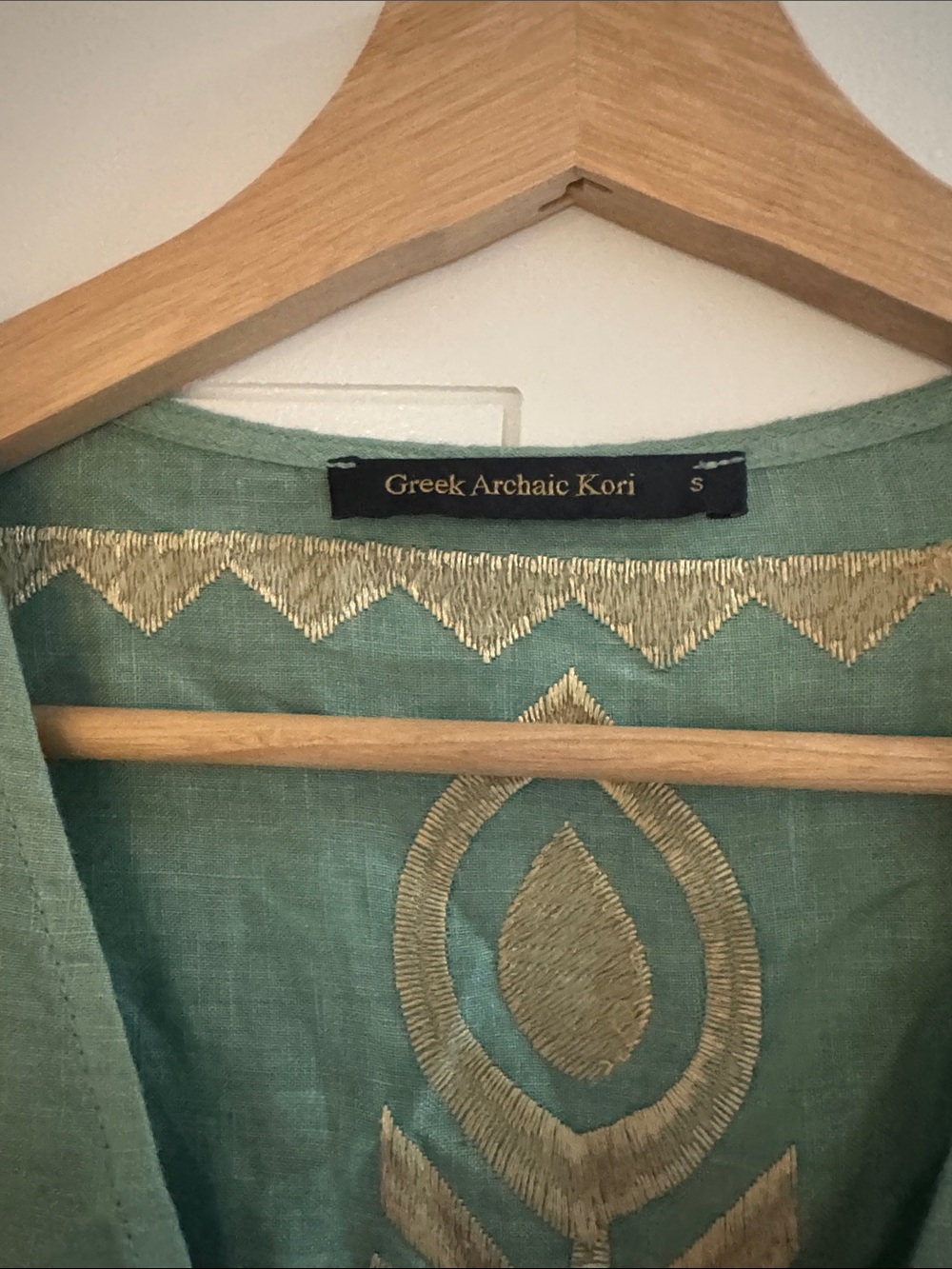 Greek Archaic Kori Light Teal Embroidered Midi Dress with Gold Motif - Picture 3 of 4